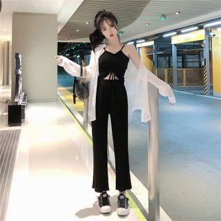 Set: Drawstring Camisole Top + Wide Leg Pants + Plain Shirt