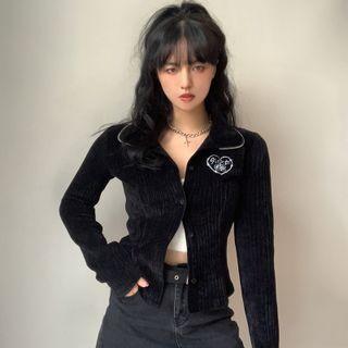 Long-sleeve Embroidered Button-up Velvet Top