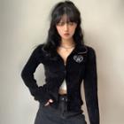 Long-sleeve Embroidered Button-up Velvet Top