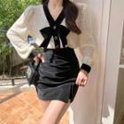 V-neck Contrast Trim Ribbon Accent Blouse / Mini Pencil Skirt