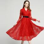 Long-sleeve A-line Midi Lace Dress