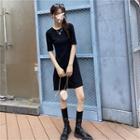 Ruffled Open-back Elbow-sleeve Mini A-line Dress Black - One Size