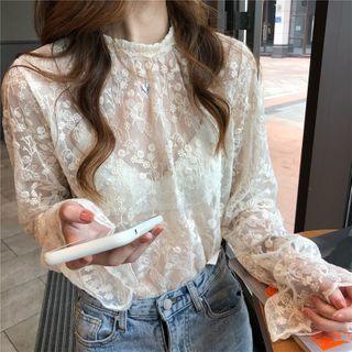 Stand Collar Long Sleeve Lace Blouse