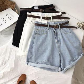 High-waist Rolled Denim Shorts With Belt