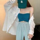 Set: Long-sleeve Single-breasted Plain Shirt / Plain Ruffled Trim Tube Top / High-waist Printed Wide-leg Pants