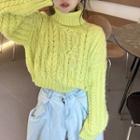 Turtleneck Cable Knit Cropped Sweater Neon Green - One Size