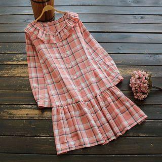Checked Ruffle Trim Shirtdress