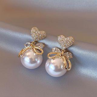 Heart Rhinestone Faux Pearl Alloy Dangle Earring Gm2160 - 1 Pair - Gold - One Size