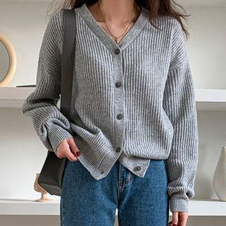 Drop-shoulder V-neck Ribbed Cardigan