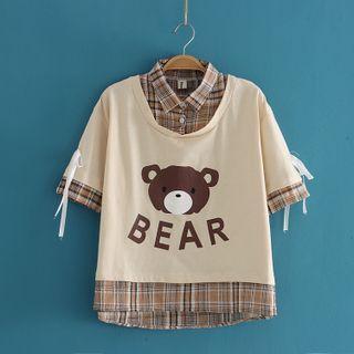 Mock Two Piece Bear Print Gingham Short Sleeve T-shirt