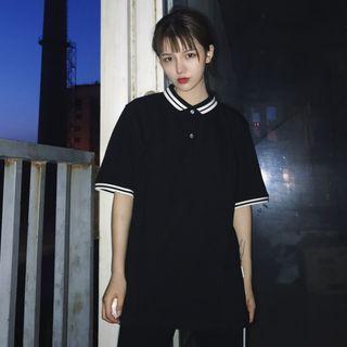 Elbow-sleeve Contrast-trim Polo Shirt