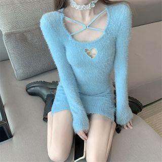 Long-sleeve Mini Knit Sheath Dress Blue - One Size