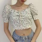 Floral Puff-sleeve Shirred Cropped T-shirt