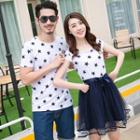 Couple Matching Star Print Short-sleeve T-shirt / Mesh Panel Short-sleeve A-line Dress / Plain Shorts
