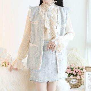 Long-sleeve Ruffled Blouse / Embellished Tweed Vest / A-line Mini Skirt / Set