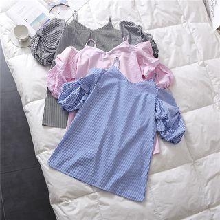 Pinstriped Cold Shoulder Short-sleeve Top
