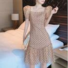 Square-neck Short-sleeve Dotted A-line Dress