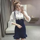 Elbow-sleeve Beaded Blouse / Denim Lace-up Jumper Skirt
