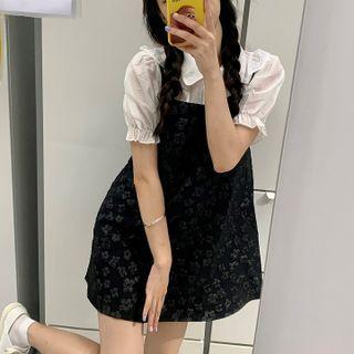 Puff-sleeve Shirt / Floral Embroidered Mini A-line Overall Dress