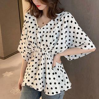 Bell-sleeve V-neck Dotted Chiffon Blouse
