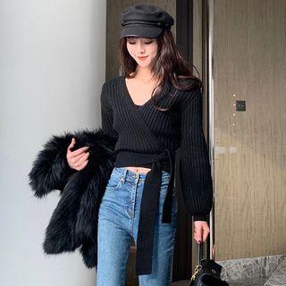 V-neck Tie-front Ribbed Cropped Sweater