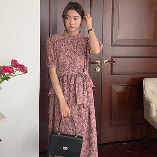 Puff-sleeve Ruffled Floral Midi A-line Dress Floral - Purple - One Size