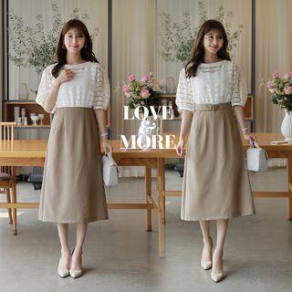 Striped-panel Linen Blend A-line Belted Dress