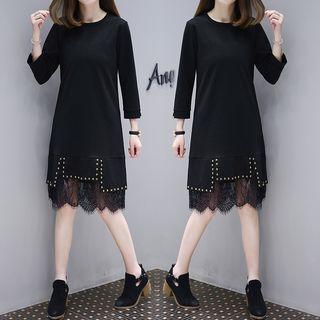 3/4-sleeve Lace Panel Beaded Dress