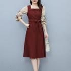 Bell-sleeve Square Neck Two-tone A-line Dress
