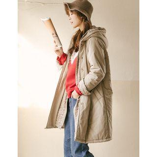 Hooded Floral Print Trim Quilted Coat