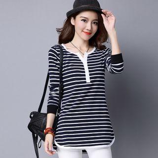 Long-sleeve Striped Henley T-shirt