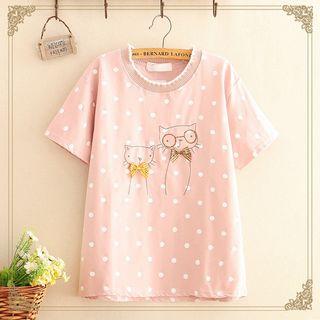 Short-sleeve Cat Print Dotted T-shirt