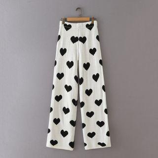 Heart Print Knit Wide Leg Pants Heart - White - One Size