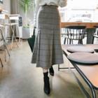 Check Wool Blend Pleated Long Skirt
