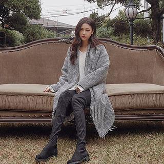 Stand-collar Fray-hem Wool Blend Coat