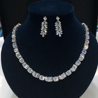 Set: Rhinestone Necklace + Dangle Earring Set - 1 Pair - Stud Earrings & Necklace - Zircon - White - One Size