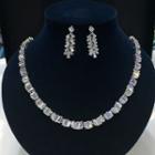 Set: Rhinestone Necklace + Dangle Earring Set - 1 Pair - Stud Earrings & Necklace - Zircon - White - One Size