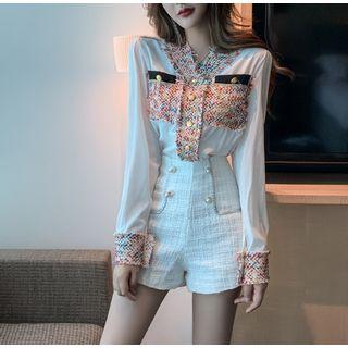 Long-sleeve Tweed Panel Shirt / Wide-leg Shorts