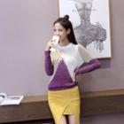 Set: Color Panel Open Knit Sweater + Front Slit Midi Skirt