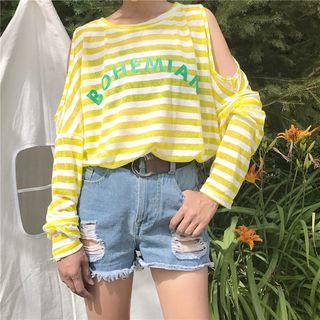 Lettering Striped Cut Out Shoulder Sweater