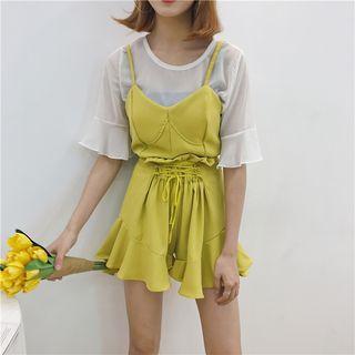 Set: Short-sleeve Chiffon Top + Spaghetti Strap Top + Shorts