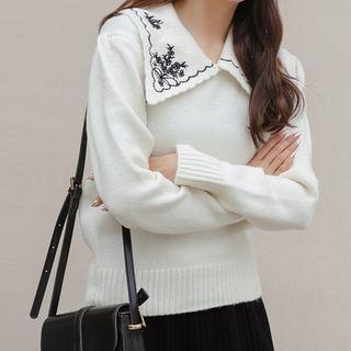 Embroidered Collared Ribbed Trim Knit Top