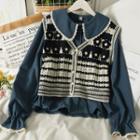Set: Embroidered Button-up Vest + Lace-trim Peter Pan-collar Shirt