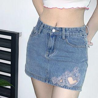 Heart Cut-out Denim Mini Pencil Skirt