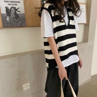 Plain Long-sleeve Shirt / Striped Knit Vest / Short-sleeve T-shirt