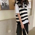 Plain Long-sleeve Shirt / Striped Knit Vest / Short-sleeve T-shirt