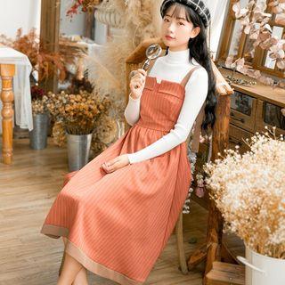 Set: Mock Turtleneck Knit Top + Midi Striped Pinafore Dress