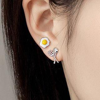 Fried Egg Spoon & Fork Asymmetrical Alloy Earring 1 Pair - Silver - One Size