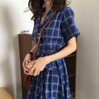 Plaid Short-sleeve Midi A-line Dress Blue - One Size