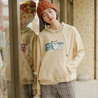 Cat Print Long-sleeve Hooded Sweatshirt Almond - One Size